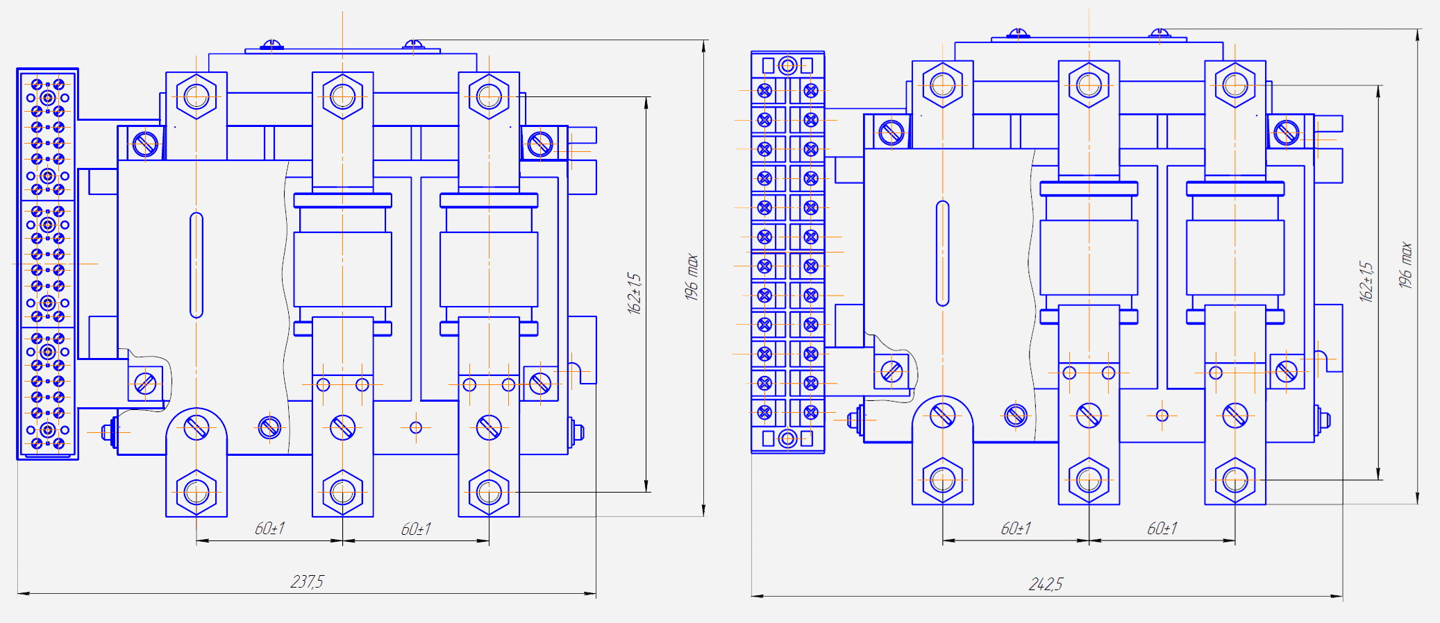 Габаритный чертёж контактора КВТ-1,14 исполнения с клеммной колодкой К и К1